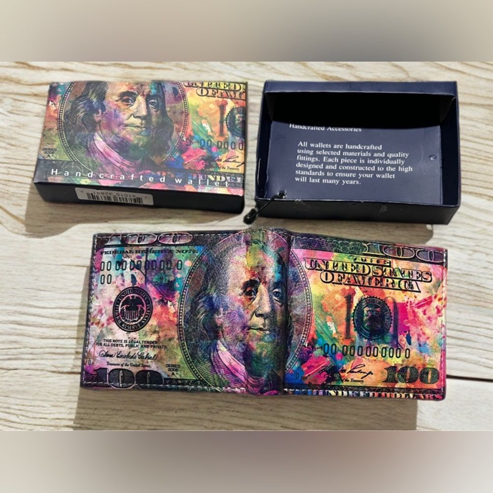 Vegan Leather Bifold Wallet Colorful $100 Bill Art Print New in Box